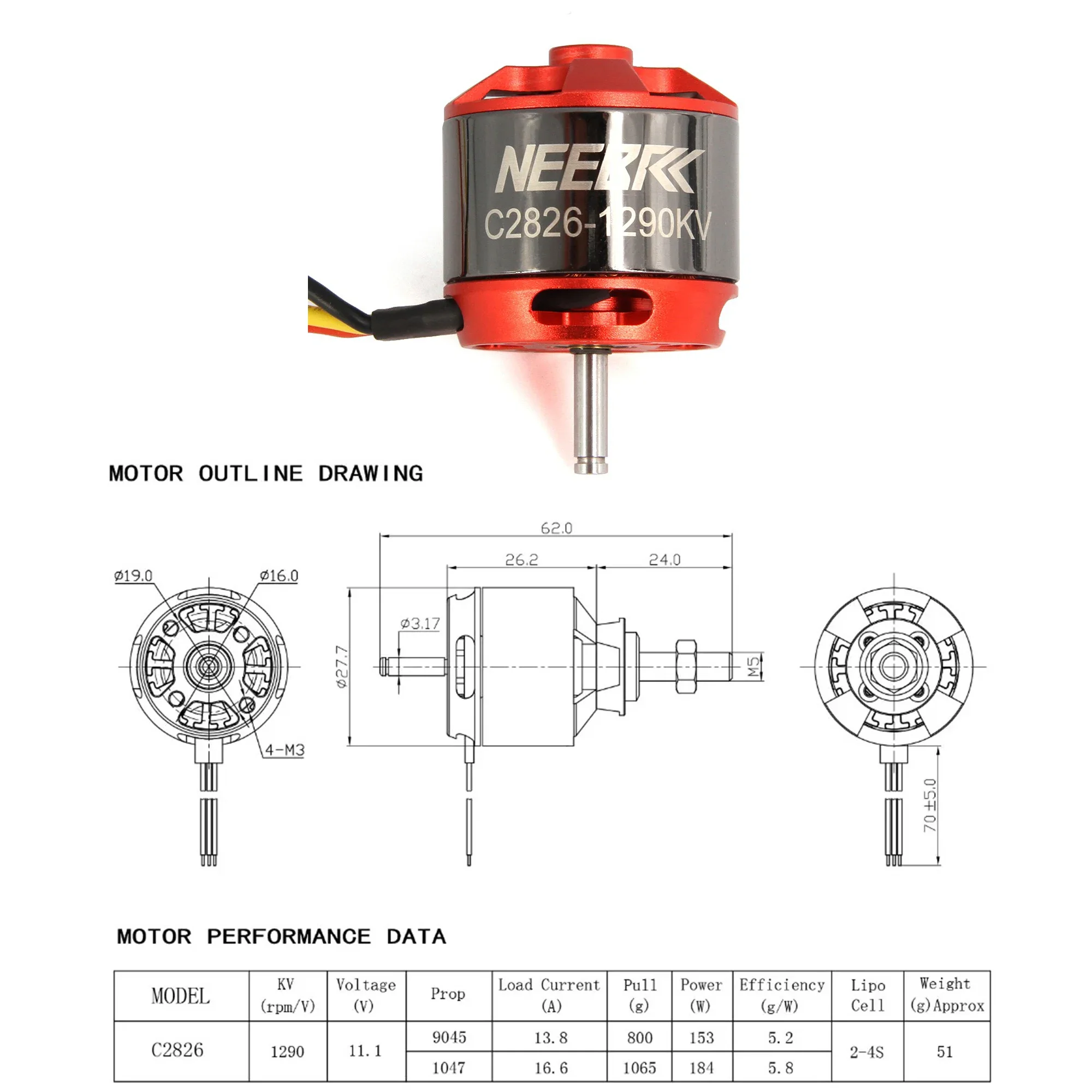 NEEBRC 2826 1290KV 2-4S Outrun - Rc Plane Hobby Zone ulasan dan harga